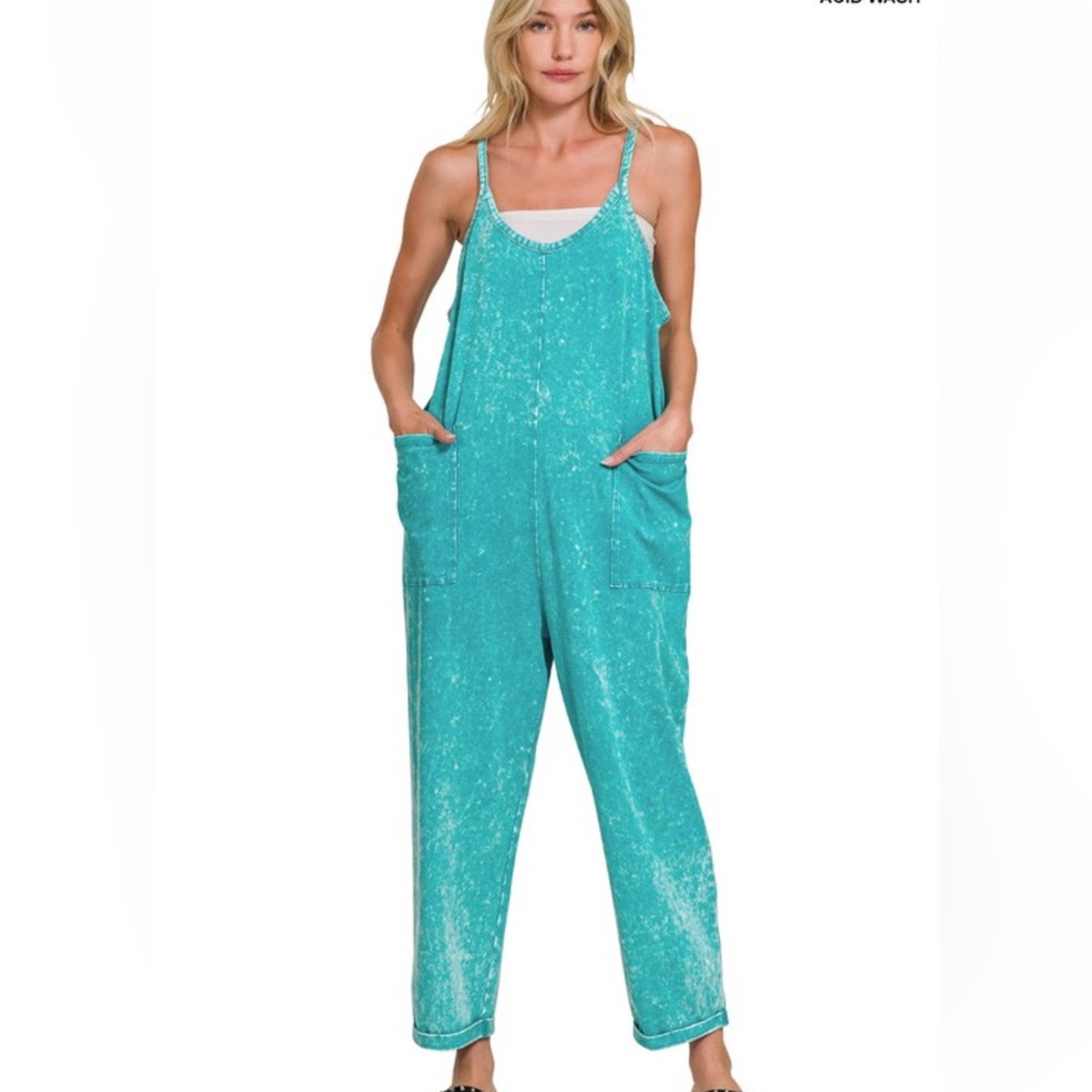 Washed Spaghetti Straps Overalls With Pockets|Light Teal